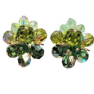 Vendome Gold Tone Green Beaded Faceted Glass Clip On Earrings, Signed